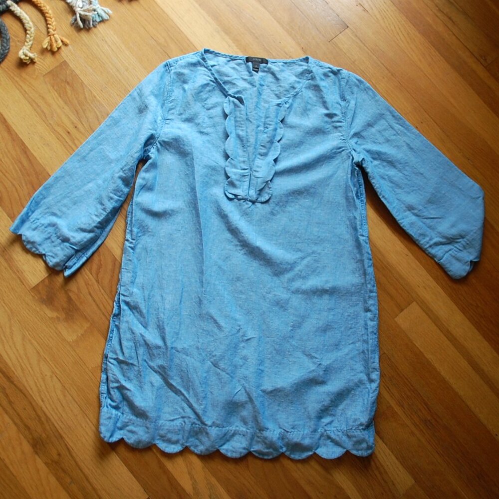J Crew Scalloped Tunic Cover Up Blue 3/4 Sleeve V Neck Linen Cotton